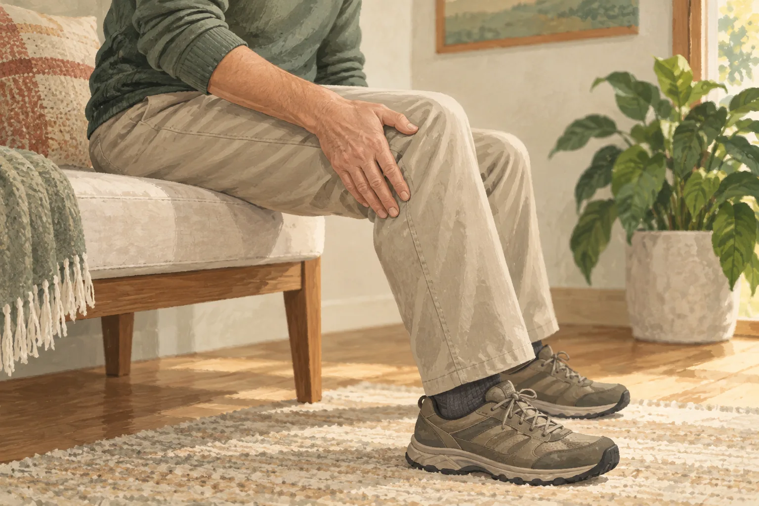 Illustration of a seated adult resting a hand on their knee
