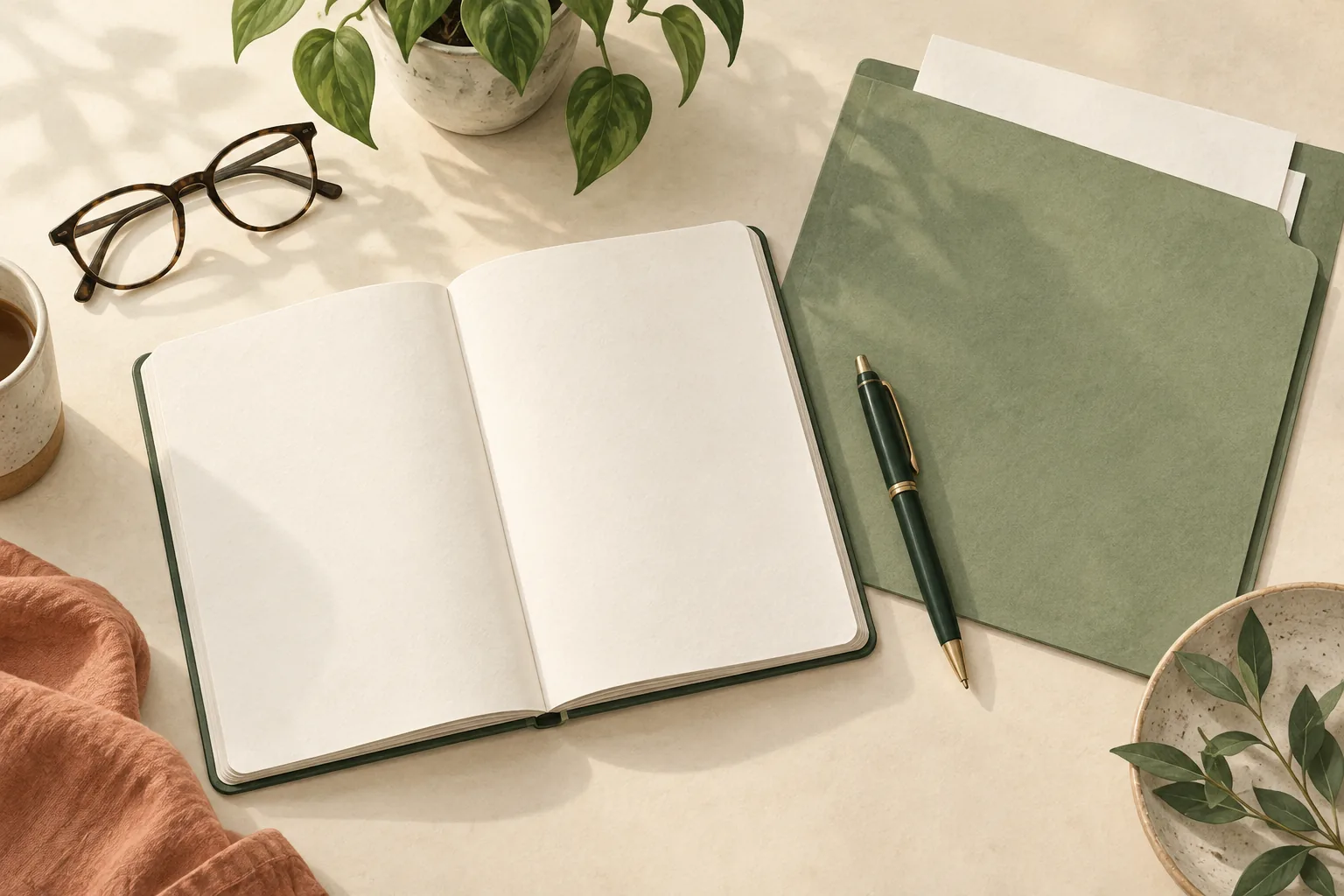 Illustration of a notebook, pen and records folder prepared for an appointment